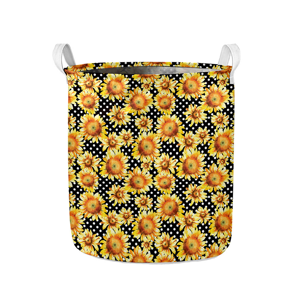 Watercolor Polka Dot Sunflower Print Collapsible Laundry Basket