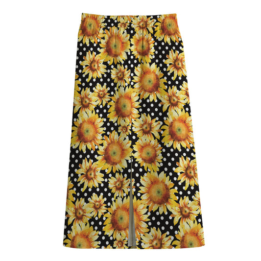 Watercolor Polka Dot Sunflower Print Cotton Front Slit Maxi Skirt