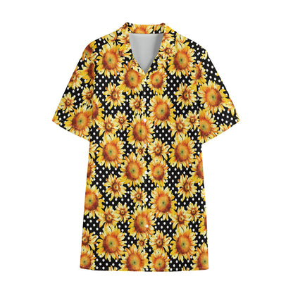 Watercolor Polka Dot Sunflower Print Cotton Hawaiian Shirt