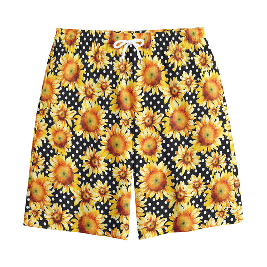Watercolor Polka Dot Sunflower Print Cotton Shorts