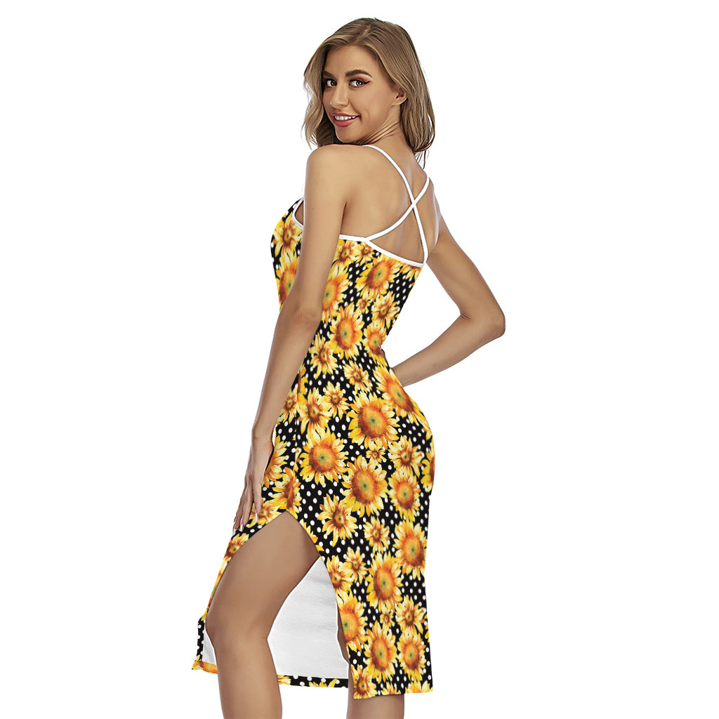 Watercolor Polka Dot Sunflower Print Cross Back Cami Dress
