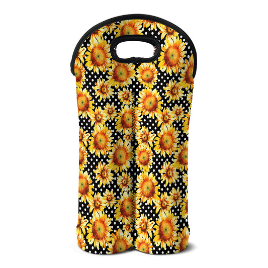 Watercolor Polka Dot Sunflower Print Double Neoprene Wine Tote