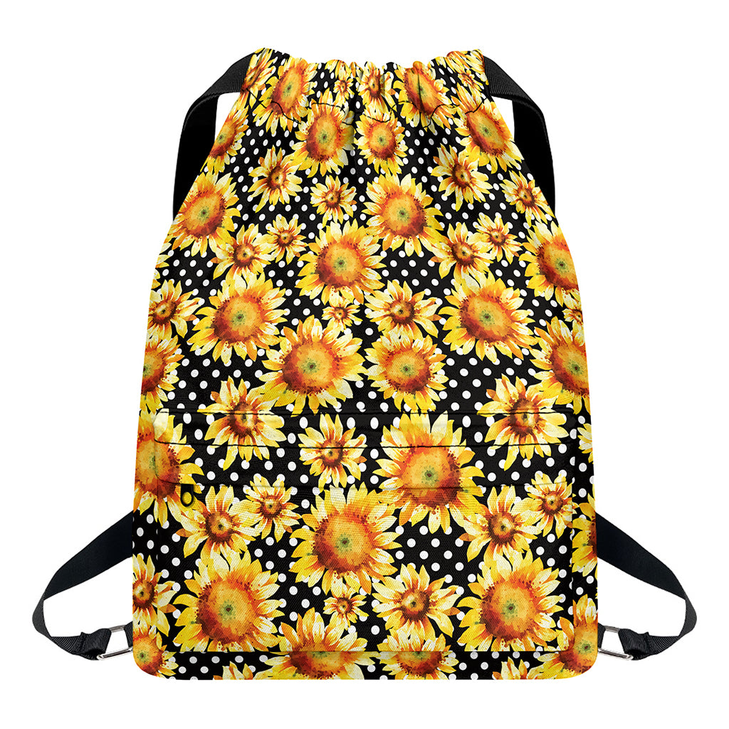 Watercolor Polka Dot Sunflower Print Drawstring Backpack