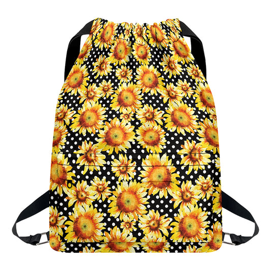 Watercolor Polka Dot Sunflower Print Drawstring Backpack