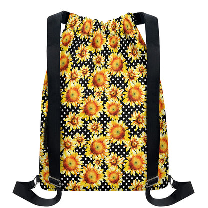 Watercolor Polka Dot Sunflower Print Drawstring Backpack