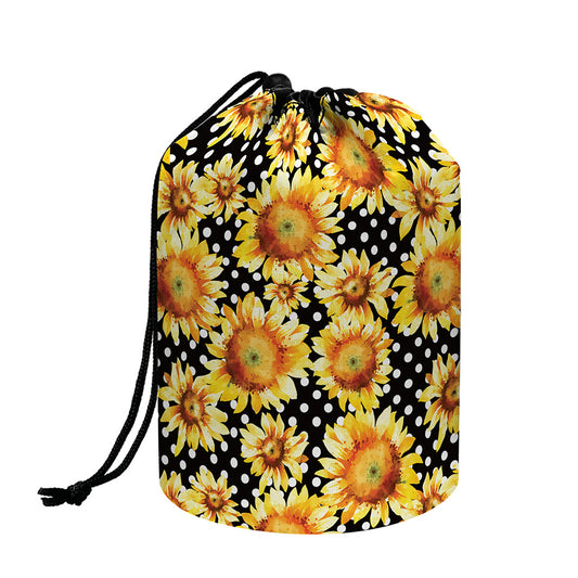 Watercolor Polka Dot Sunflower Print Drawstring Makeup Bag