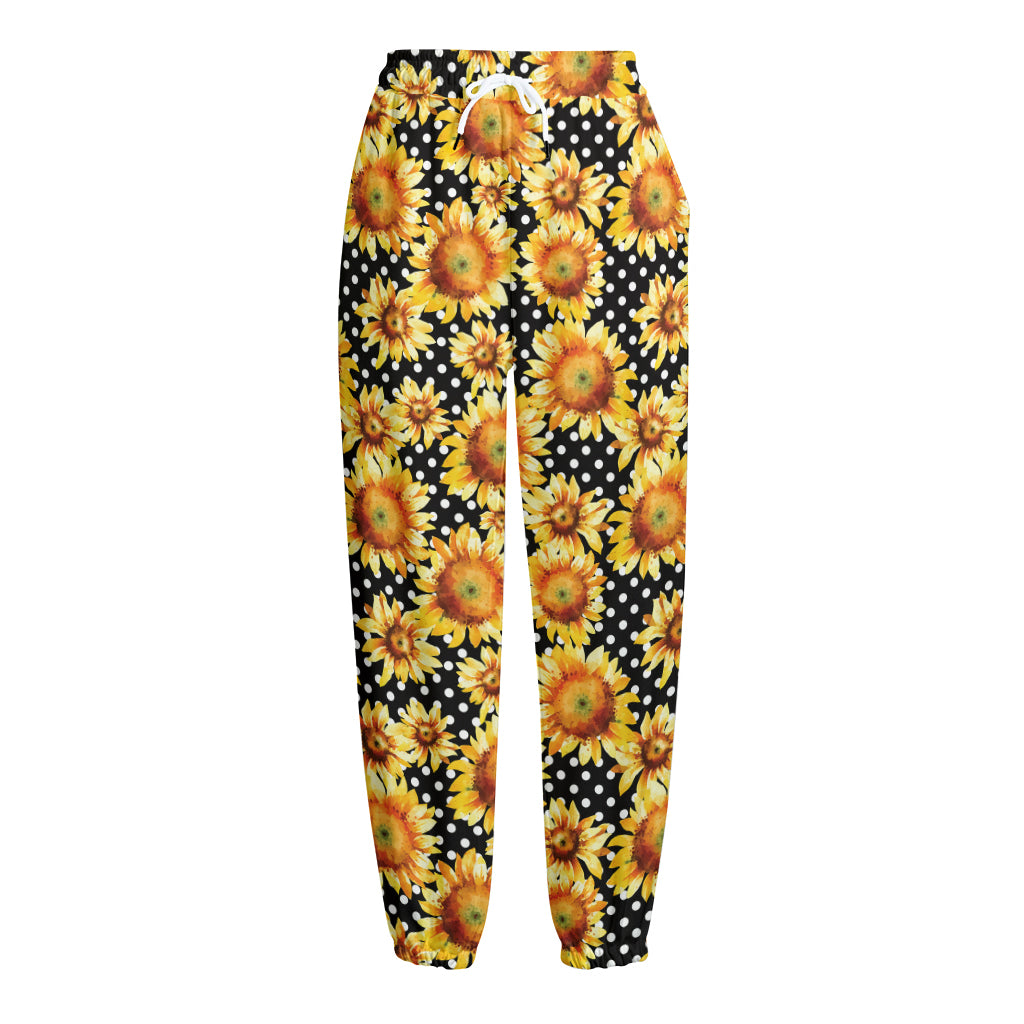 Watercolor Polka Dot Sunflower Print Fleece Lined Knit Pants