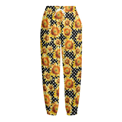 Watercolor Polka Dot Sunflower Print Fleece Lined Knit Pants