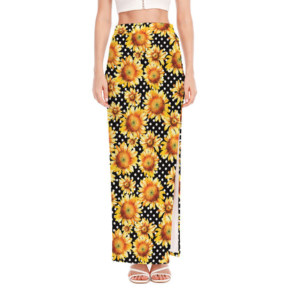 Watercolor Polka Dot Sunflower Print High Slit Maxi Skirt