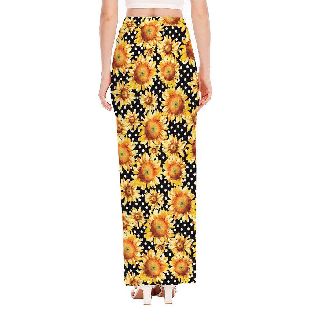 Watercolor Polka Dot Sunflower Print High Slit Maxi Skirt