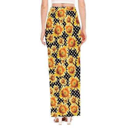 Watercolor Polka Dot Sunflower Print High Slit Maxi Skirt