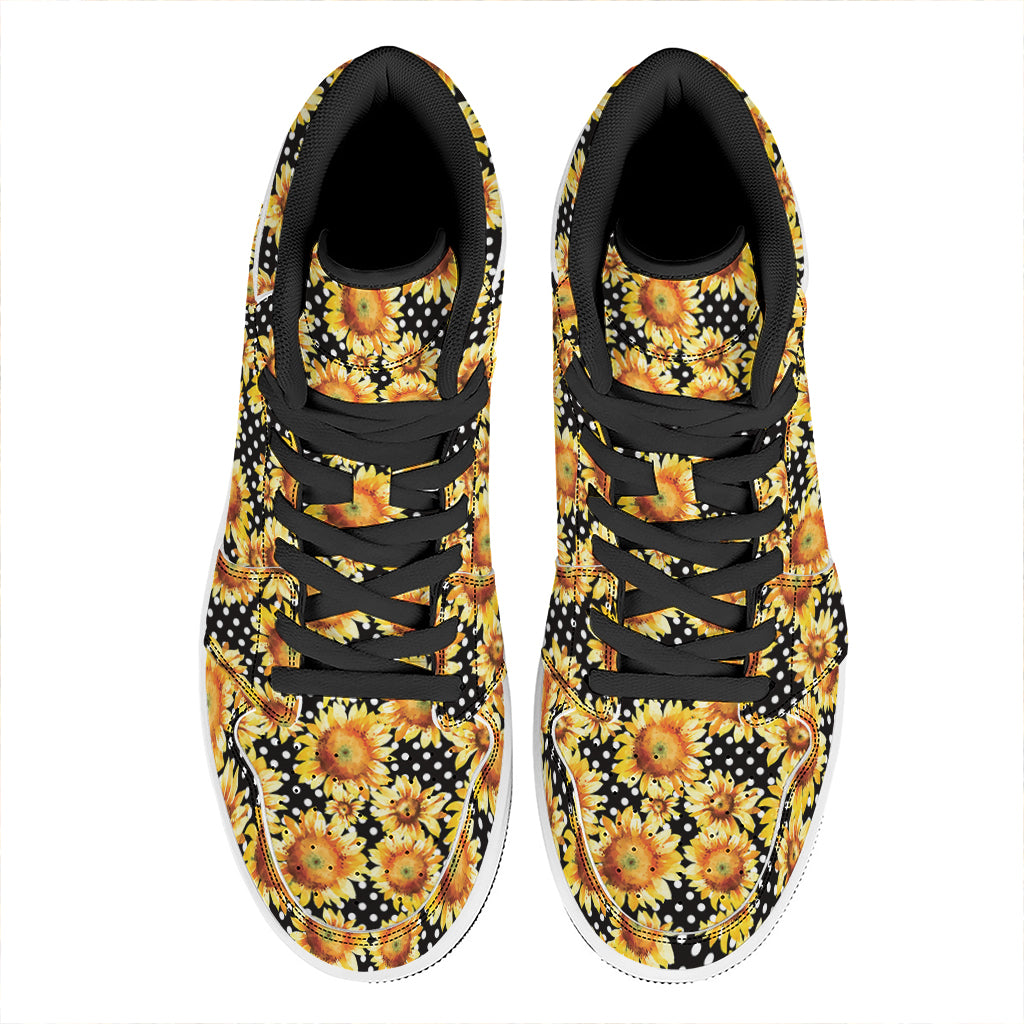 Watercolor Polka Dot Sunflower Print High Top Leather Sneakers