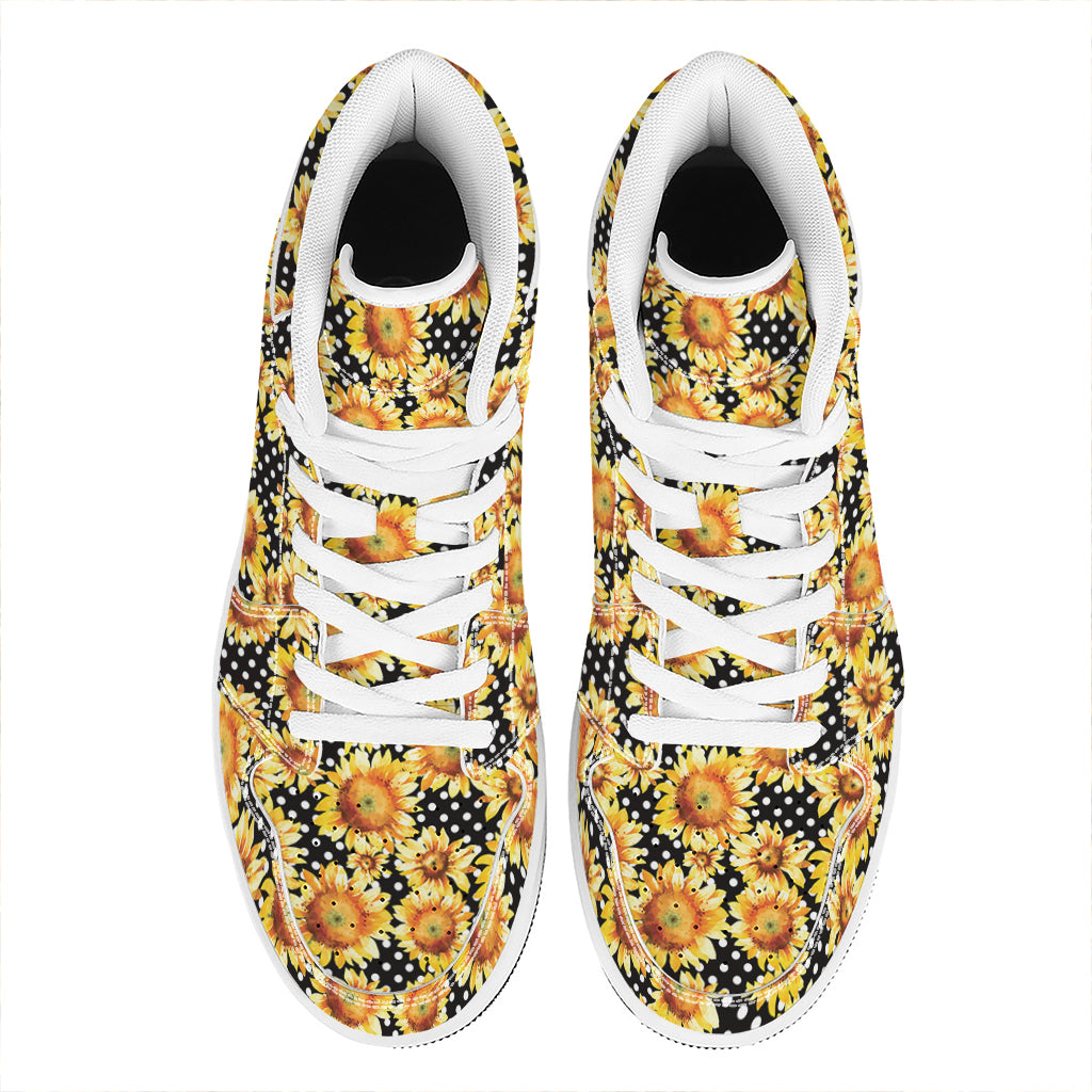 Watercolor Polka Dot Sunflower Print High Top Leather Sneakers