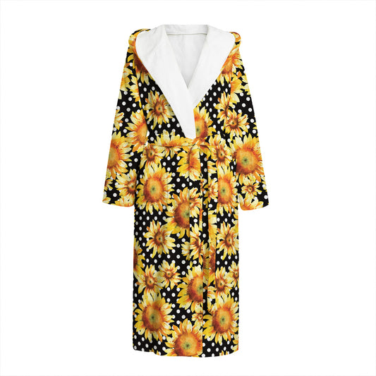 Watercolor Polka Dot Sunflower Print Hooded Bathrobe