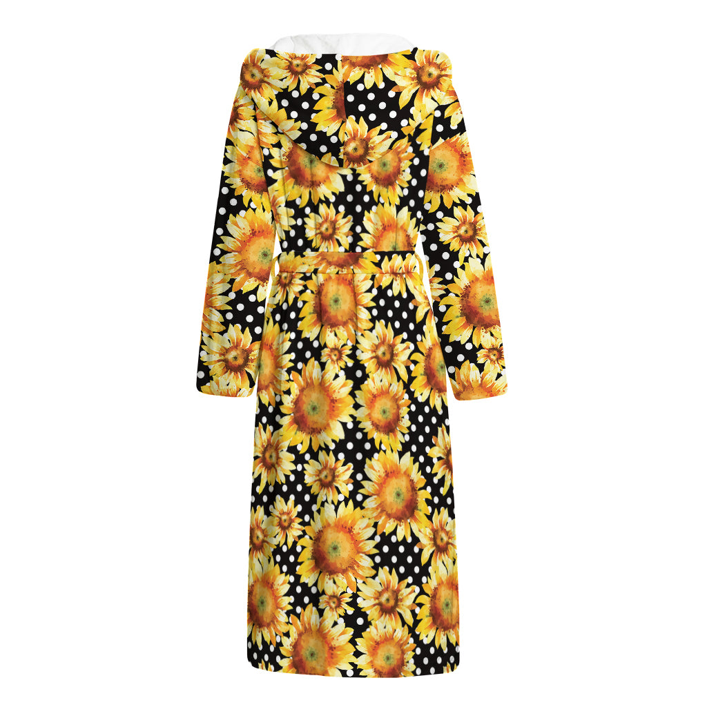 Watercolor Polka Dot Sunflower Print Hooded Bathrobe