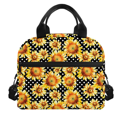 Watercolor Polka Dot Sunflower Print Insulated Lunch Bag