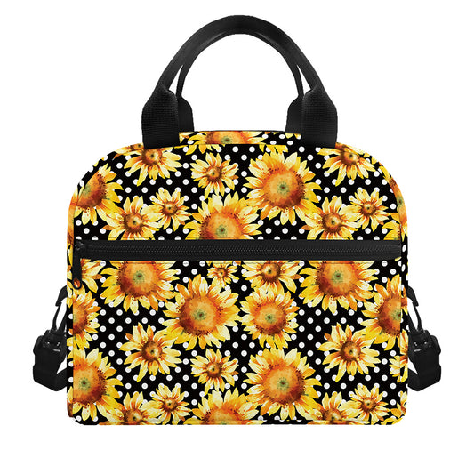 Watercolor Polka Dot Sunflower Print Insulated Lunch Bag