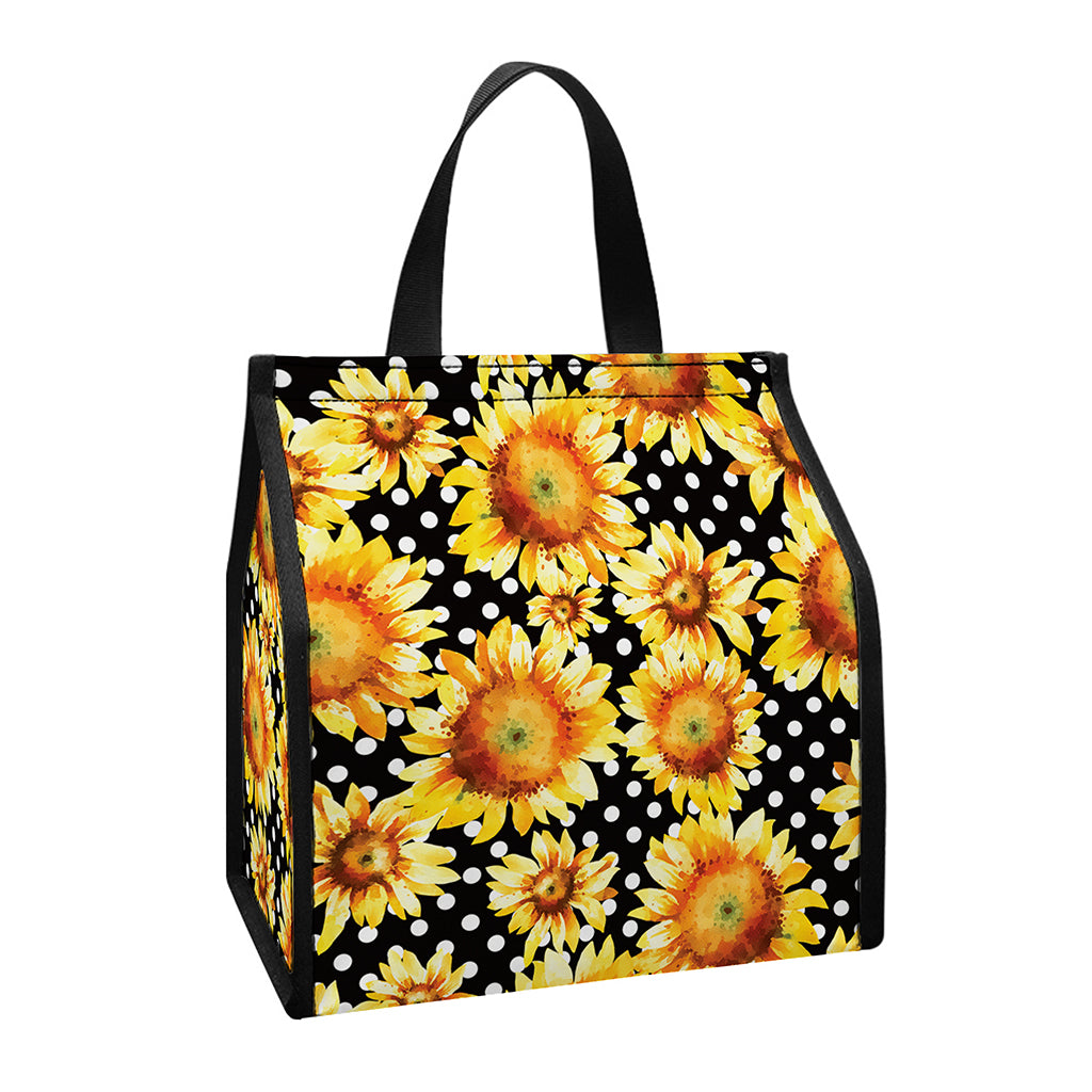 Watercolor Polka Dot Sunflower Print Insulated Lunch Tote