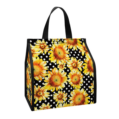 Watercolor Polka Dot Sunflower Print Insulated Lunch Tote