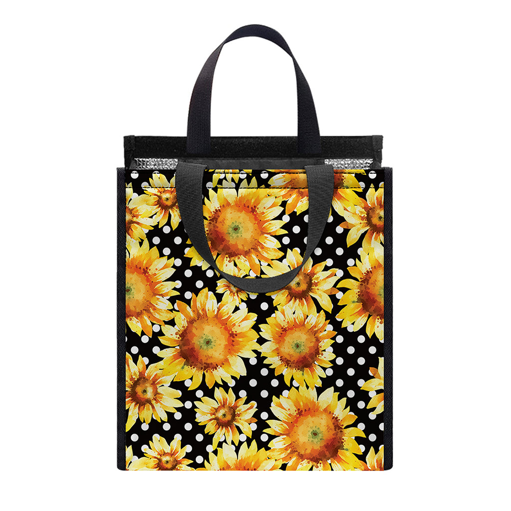 Watercolor Polka Dot Sunflower Print Insulated Lunch Tote