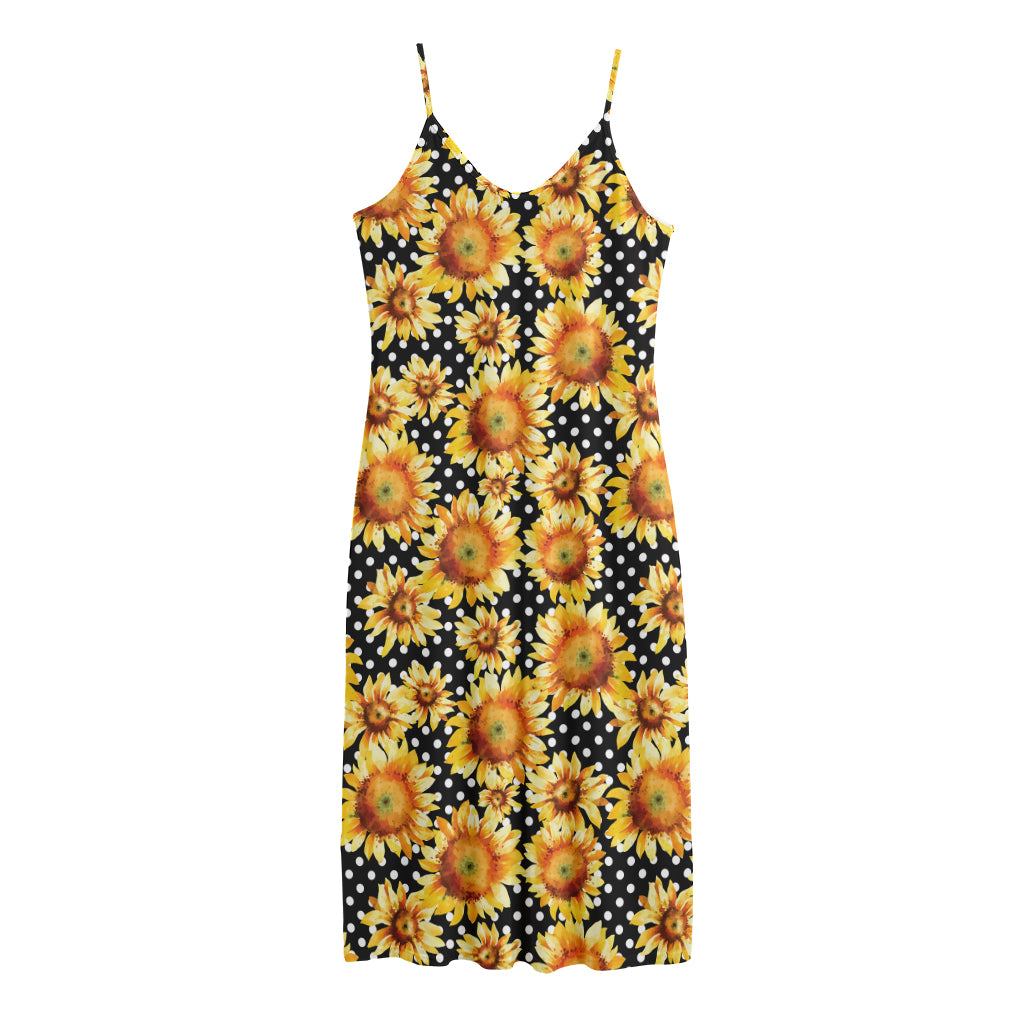 Watercolor Polka Dot Sunflower Print Jersey Midi Cami Dress