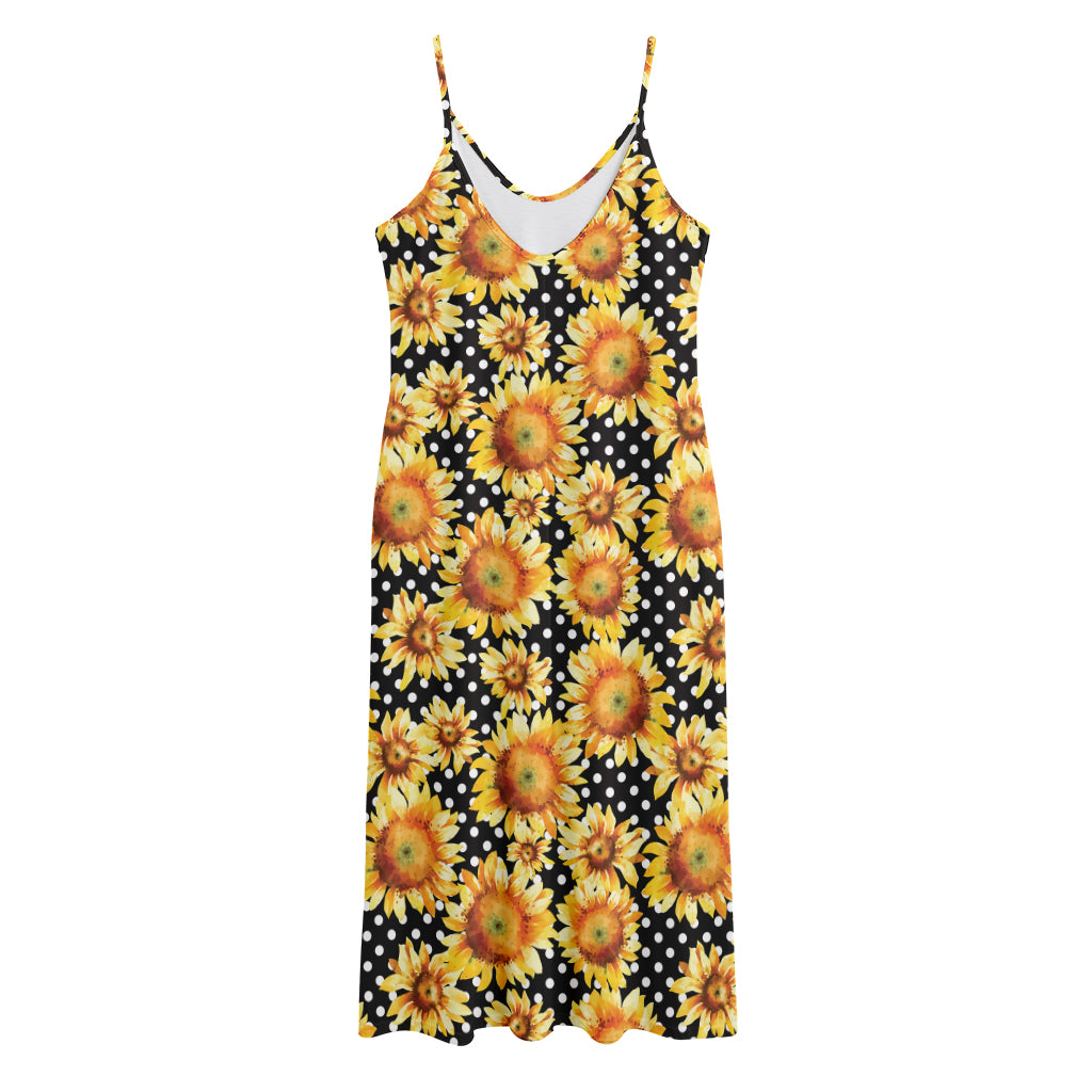 Watercolor Polka Dot Sunflower Print Jersey Midi Cami Dress