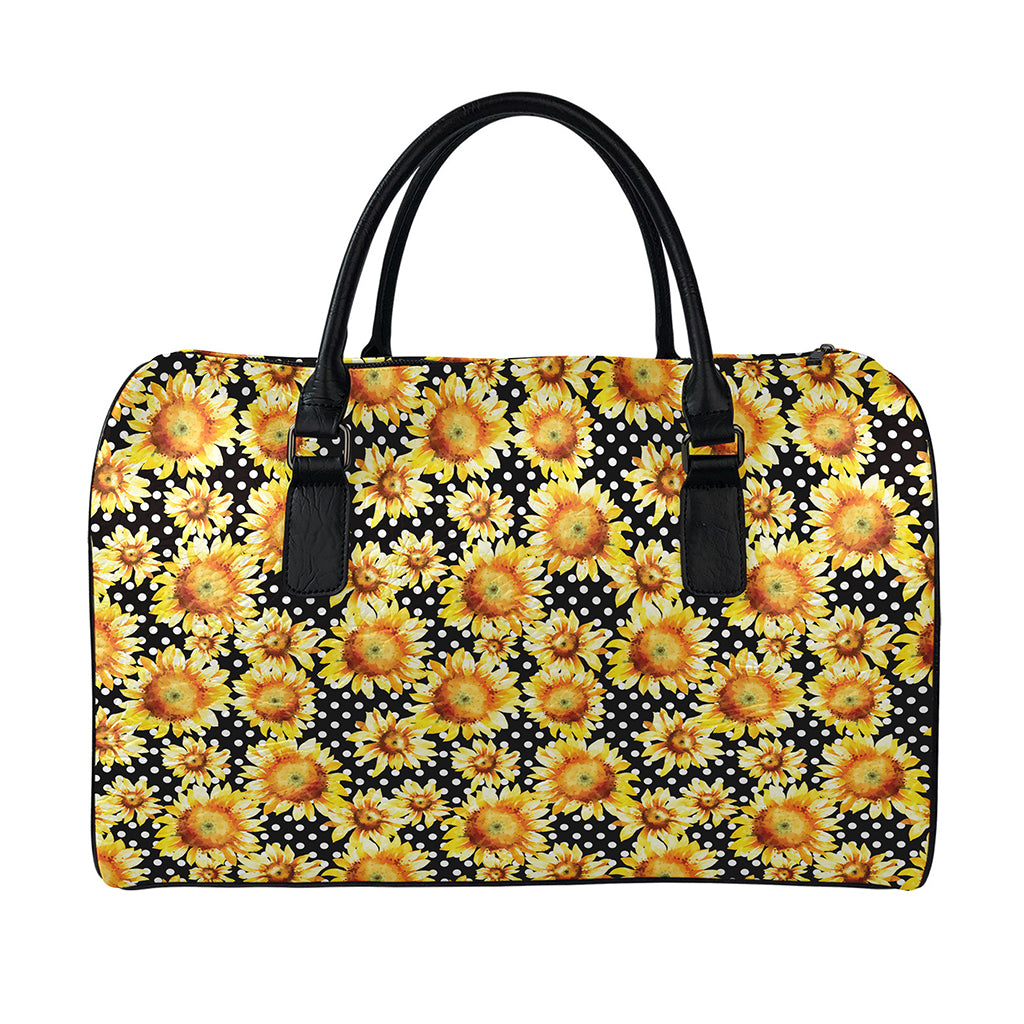 Watercolor Polka Dot Sunflower Print Leather Duffle Bag