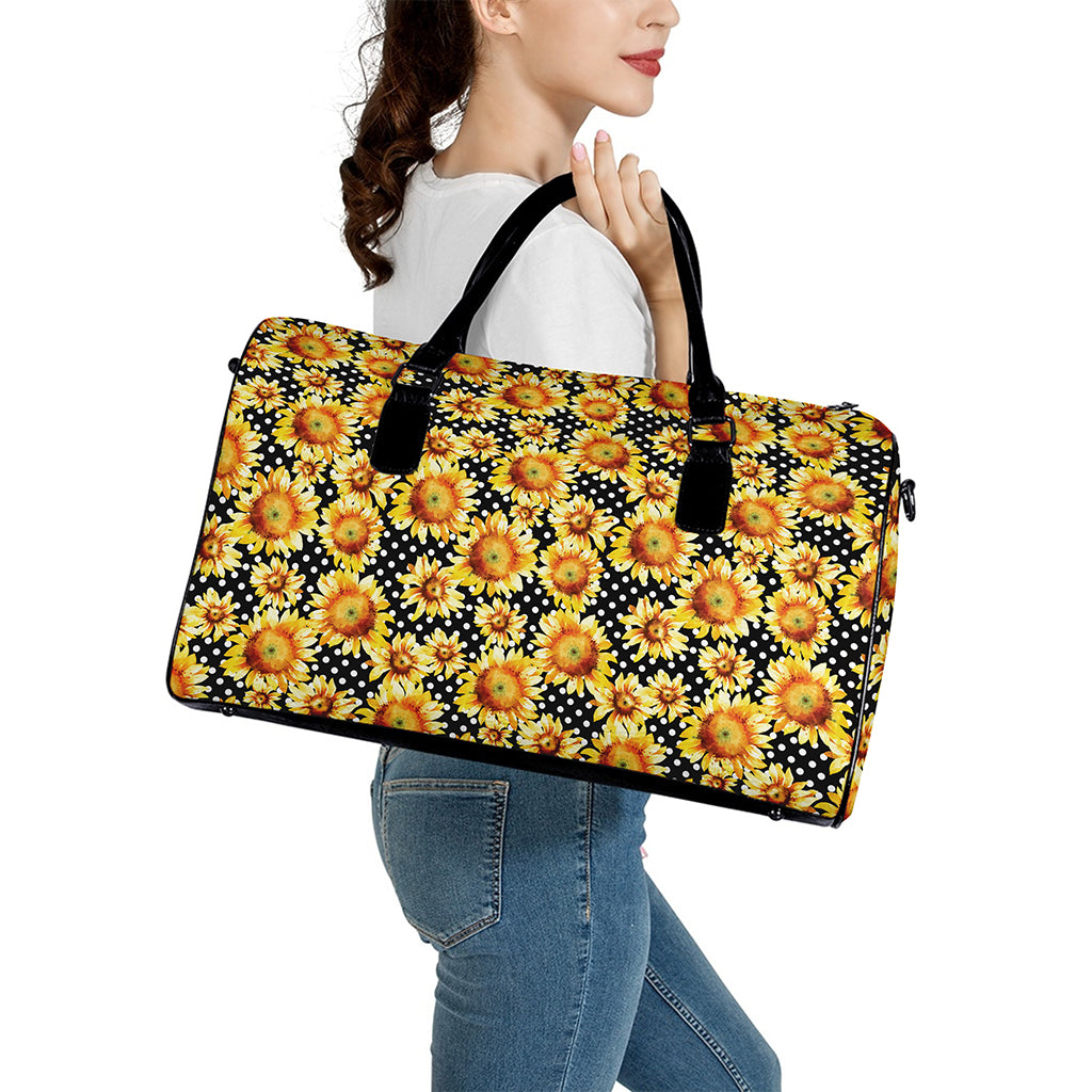 Watercolor Polka Dot Sunflower Print Leather Duffle Bag