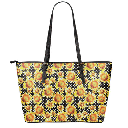 Watercolor Polka Dot Sunflower Print Leather Tote Bag