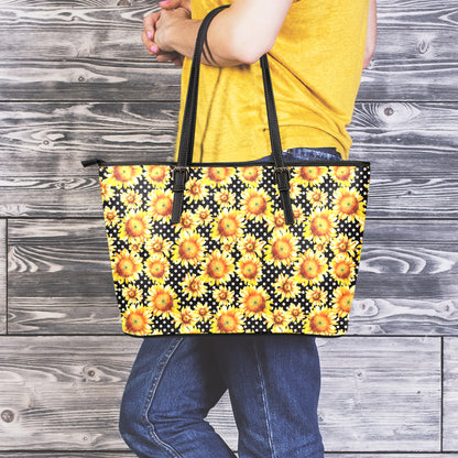 Watercolor Polka Dot Sunflower Print Leather Tote Bag