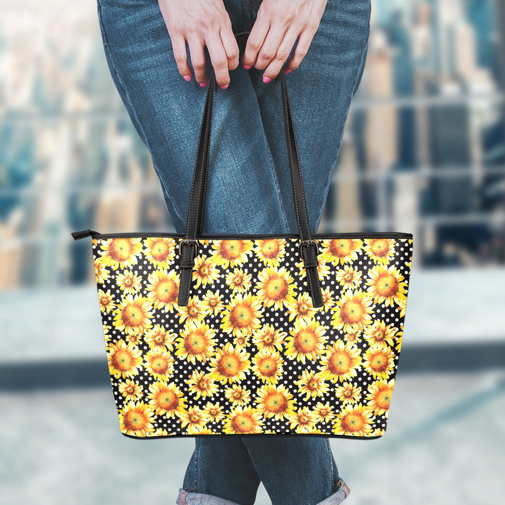 Watercolor Polka Dot Sunflower Print Leather Tote Bag