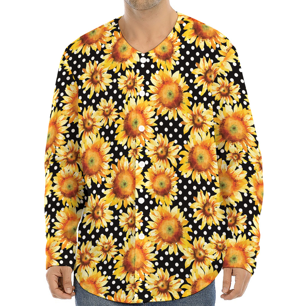 Watercolor Polka Dot Sunflower Print Long Sleeve Baseball Jersey