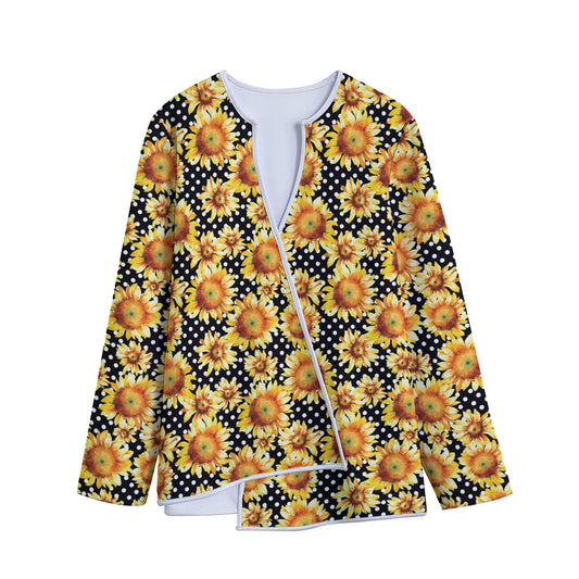 Watercolor Polka Dot Sunflower Print Long Sleeve Short Coat