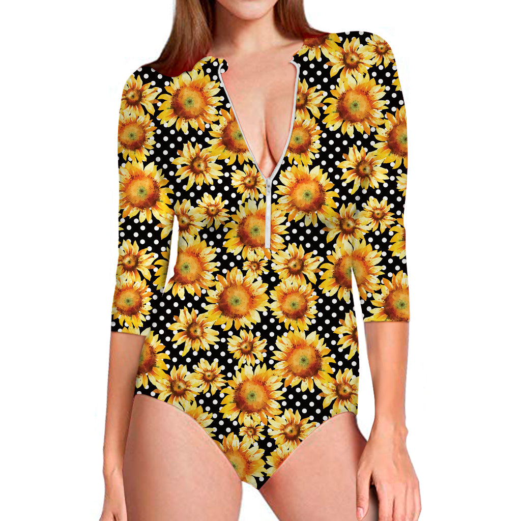 Watercolor Polka Dot Sunflower Print Long Sleeve Swimsuit