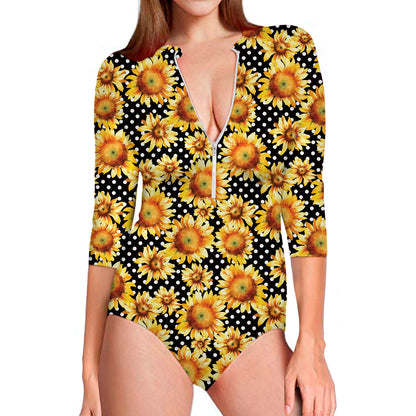 Watercolor Polka Dot Sunflower Print Long Sleeve Swimsuit