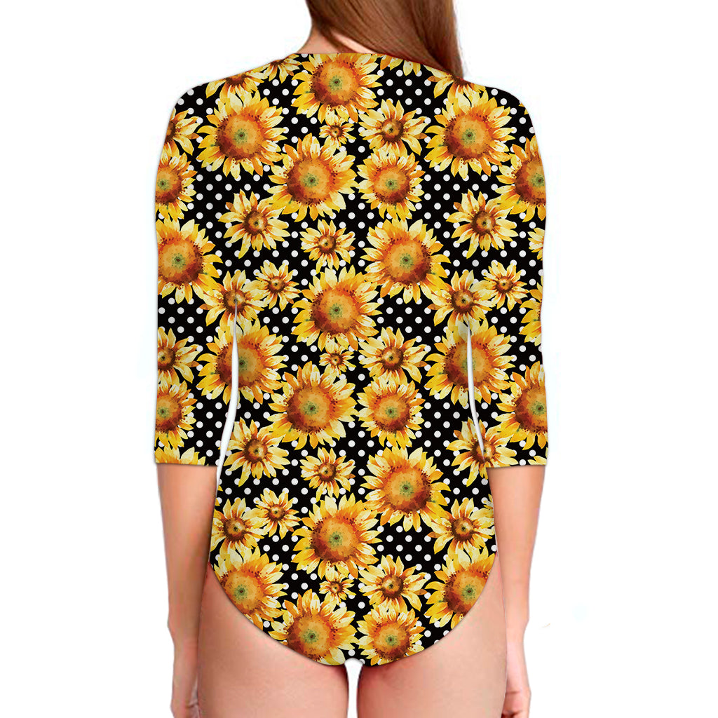 Watercolor Polka Dot Sunflower Print Long Sleeve Swimsuit