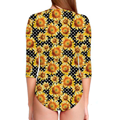 Watercolor Polka Dot Sunflower Print Long Sleeve Swimsuit