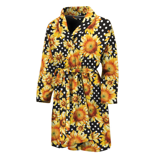 Watercolor Polka Dot Sunflower Print Men's Bathrobe