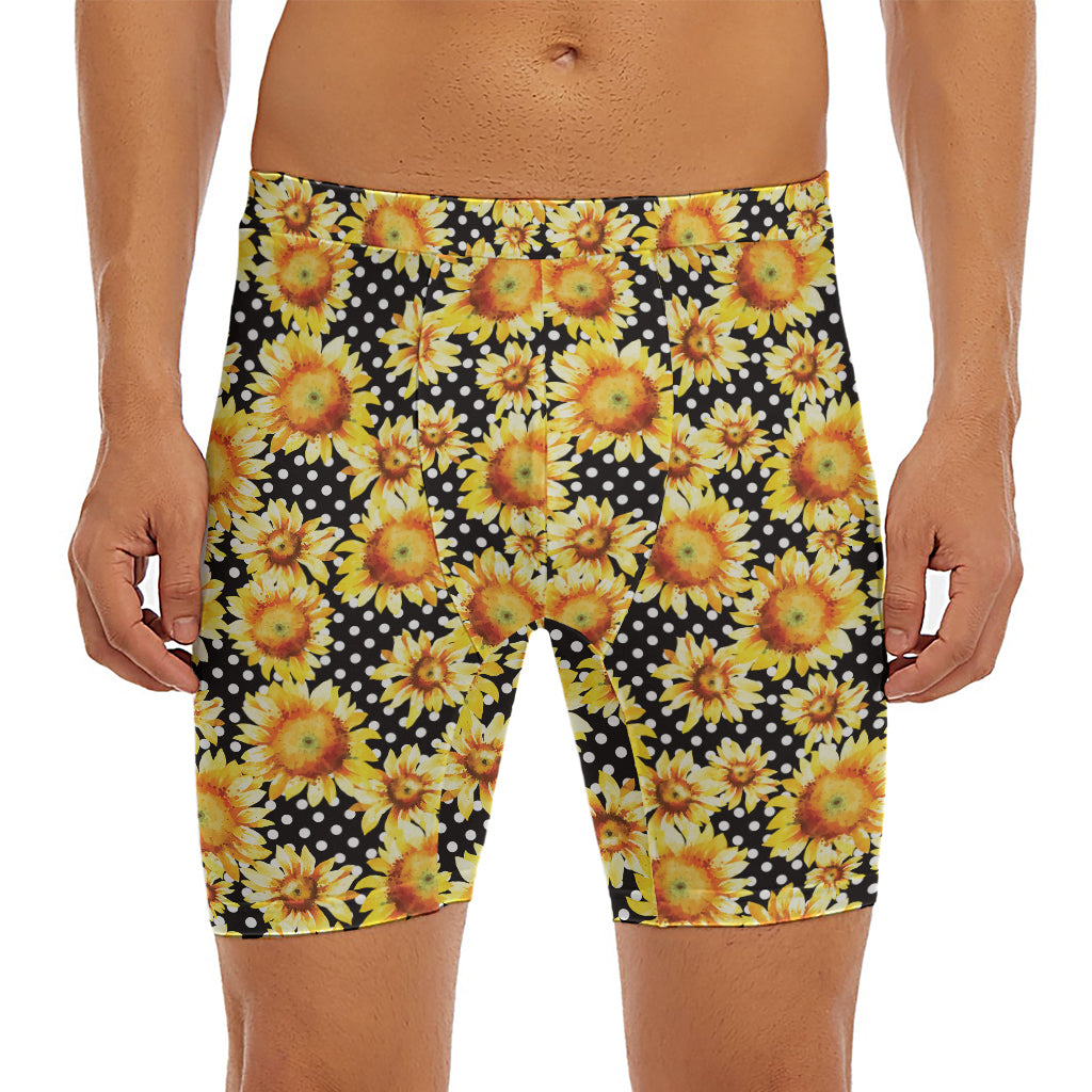 Watercolor Polka Dot Sunflower Print Men's Long Boxer Briefs