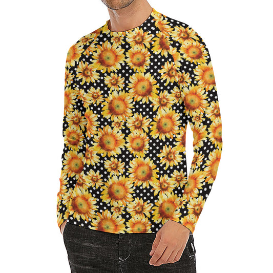 Watercolor Polka Dot Sunflower Print Men's Long Sleeve Rash Guard