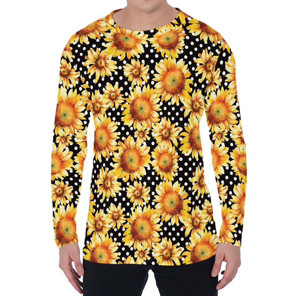 Watercolor Polka Dot Sunflower Print Men's Long Sleeve T-Shirt