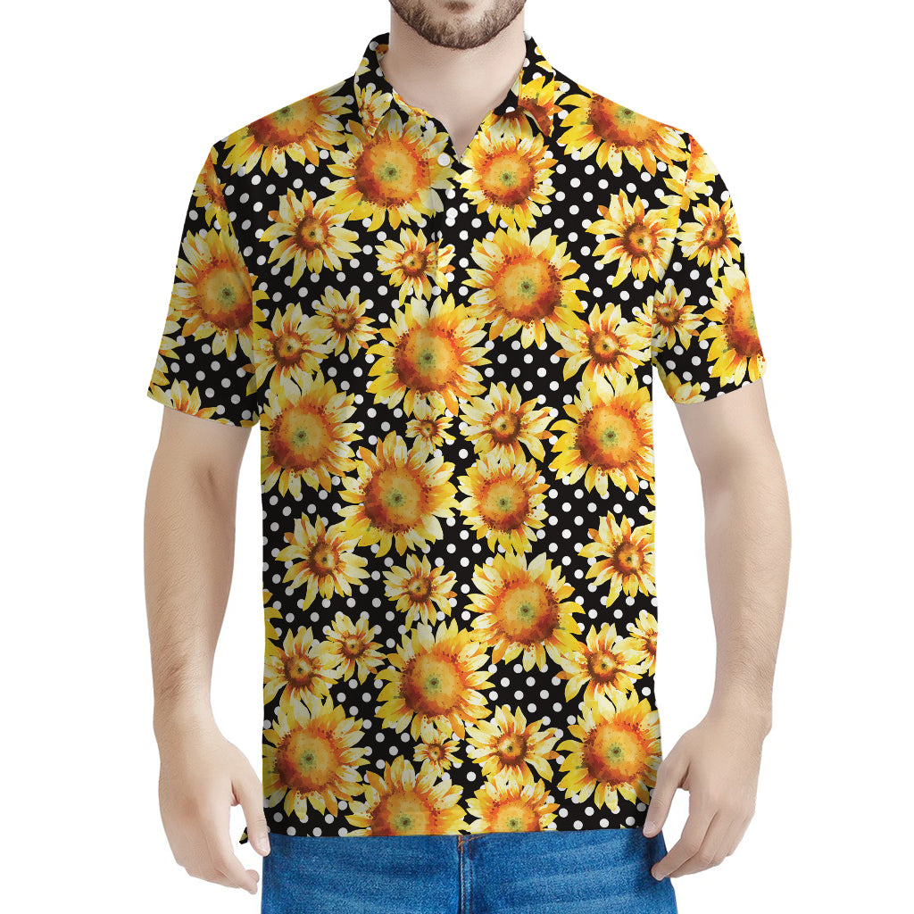 Watercolor Polka Dot Sunflower Print Men's Polo Shirt
