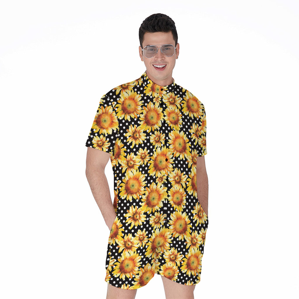 Watercolor Polka Dot Sunflower Print Men's Rompers