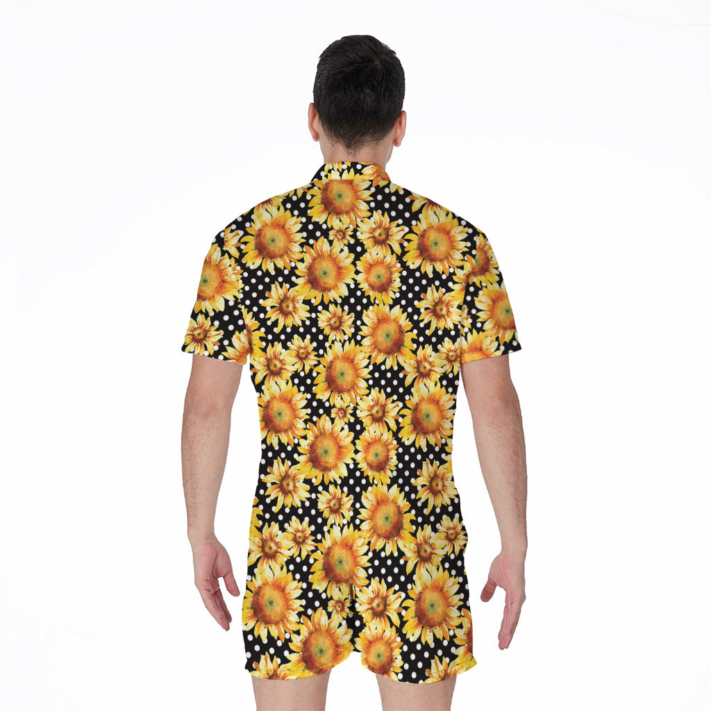 Watercolor Polka Dot Sunflower Print Men's Rompers