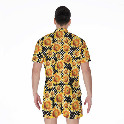 Watercolor Polka Dot Sunflower Print Men's Rompers