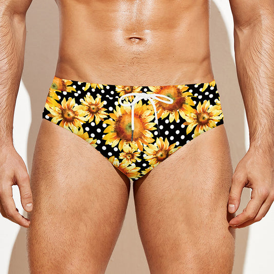 Watercolor Polka Dot Sunflower Print Men's Swim Briefs