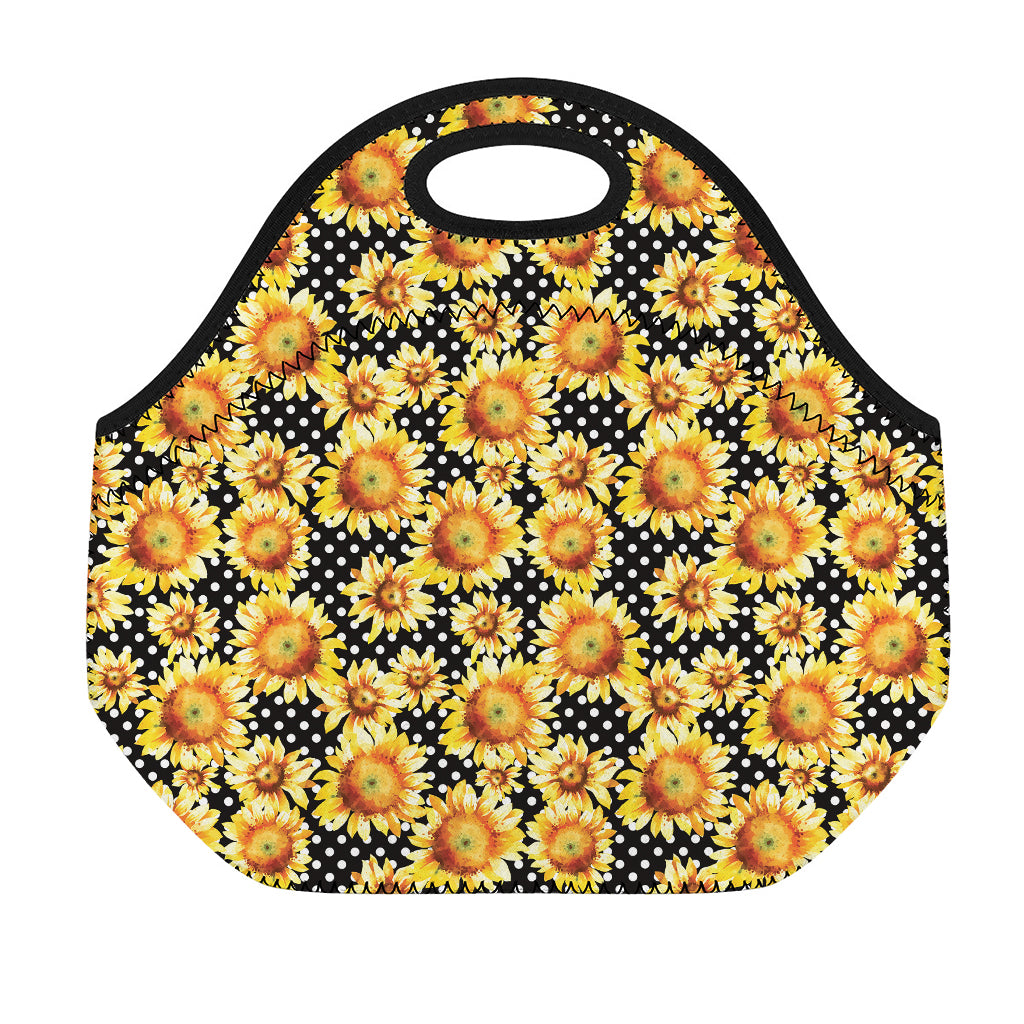 Watercolor Polka Dot Sunflower Print Neoprene Lunch Bag