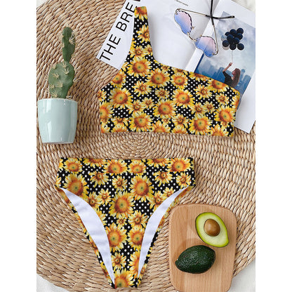 Watercolor Polka Dot Sunflower Print One Shoulder Bikini Top