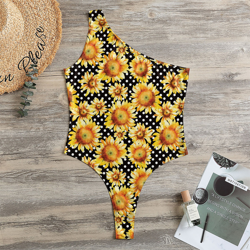 Watercolor Polka Dot Sunflower Print One Shoulder Bodysuit