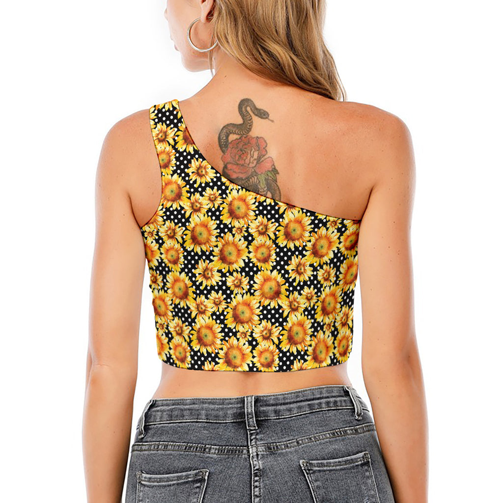 Watercolor Polka Dot Sunflower Print One Shoulder Crop Top
